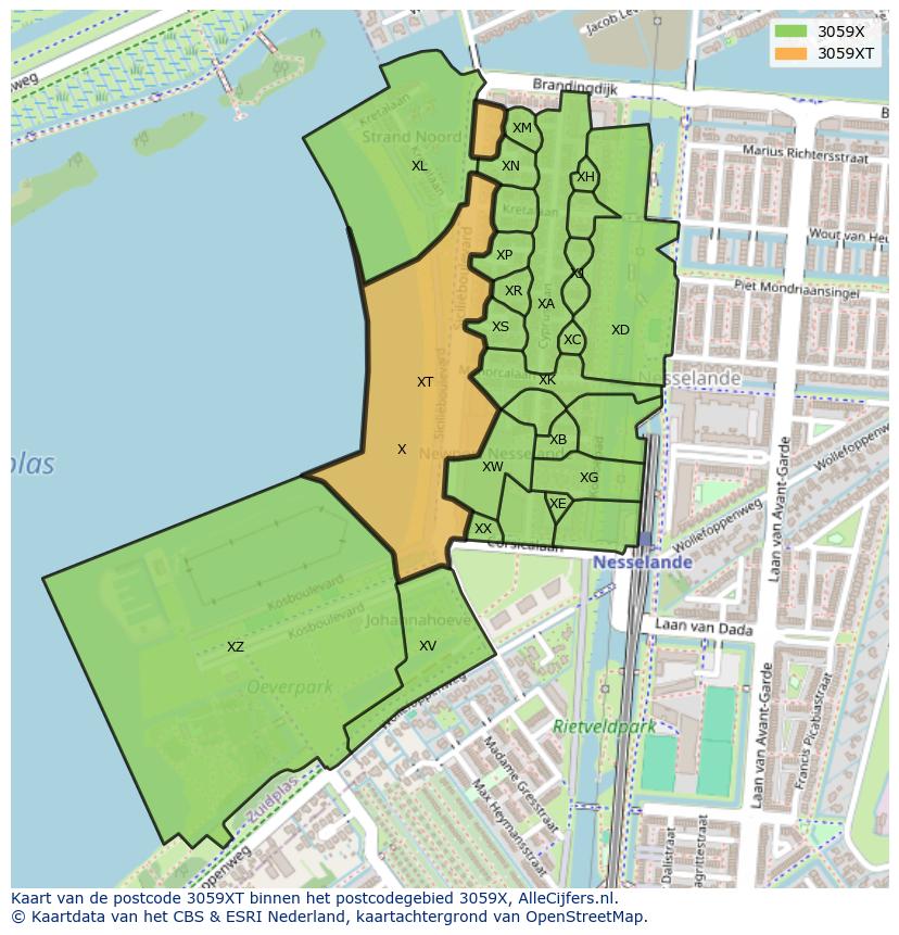 Afbeelding van het postcodegebied 3059 XT op de kaart.
