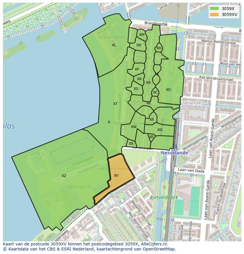 Afbeelding van het postcodegebied 3059 XV op de kaart.