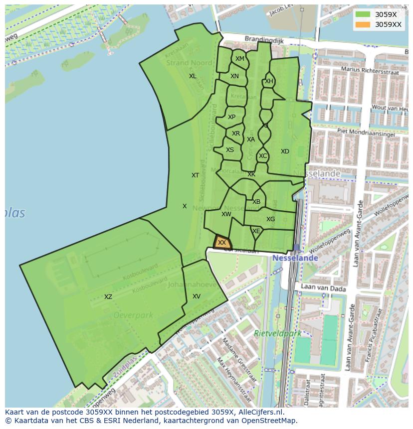 Afbeelding van het postcodegebied 3059 XX op de kaart.