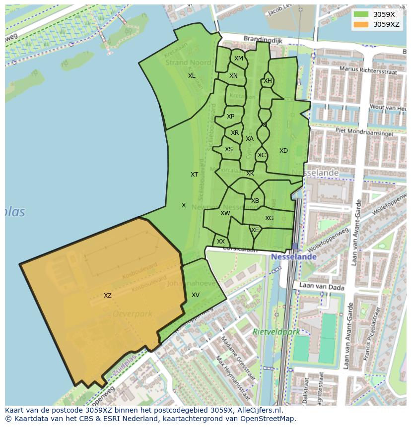 Afbeelding van het postcodegebied 3059 XZ op de kaart.