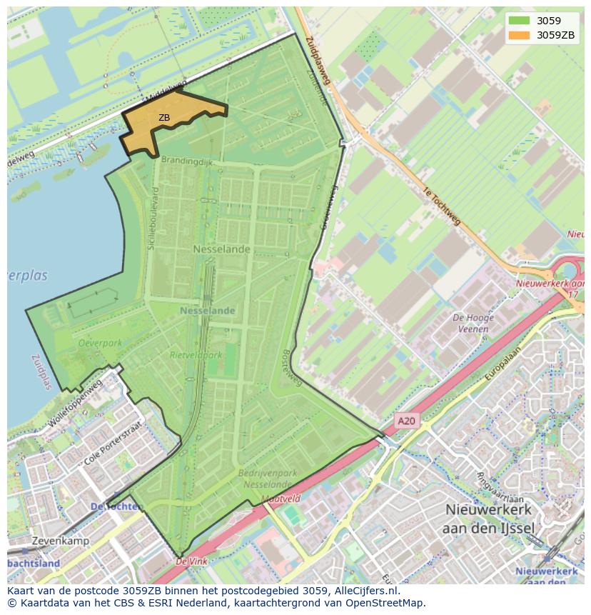 Afbeelding van het postcodegebied 3059 ZB op de kaart.