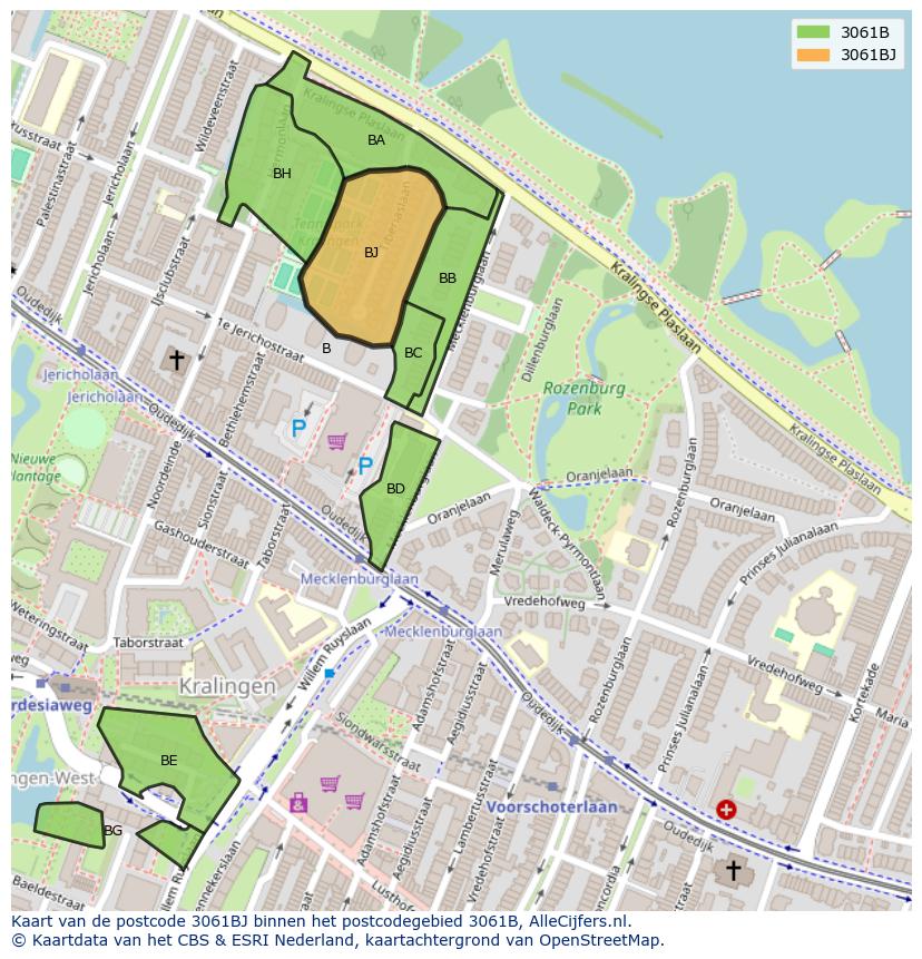 Afbeelding van het postcodegebied 3061 BJ op de kaart.