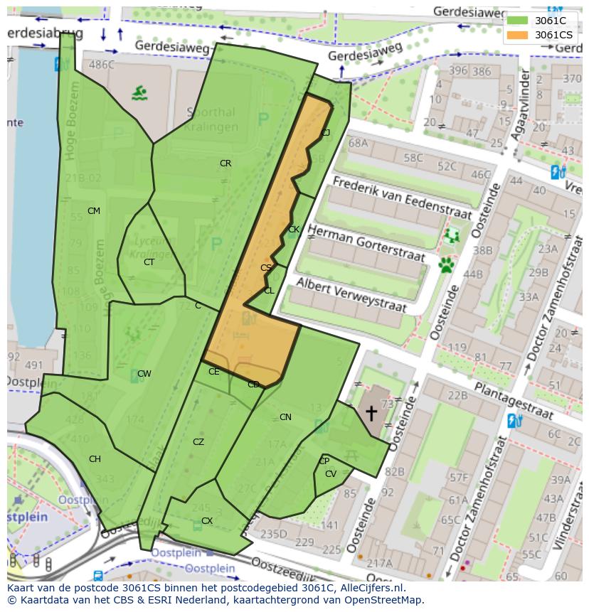 Afbeelding van het postcodegebied 3061 CS op de kaart.