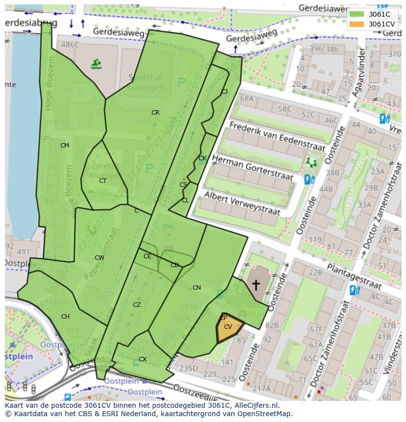 Afbeelding van het postcodegebied 3061 CV op de kaart.