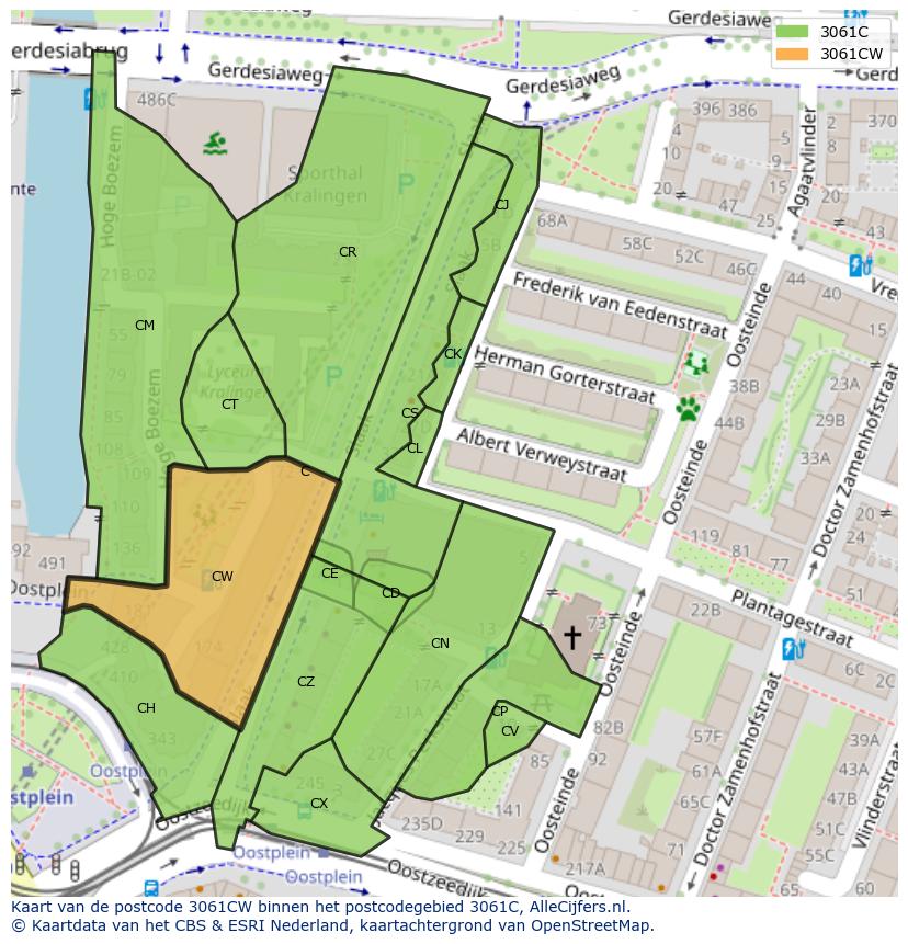 Afbeelding van het postcodegebied 3061 CW op de kaart.