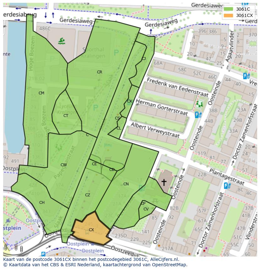Afbeelding van het postcodegebied 3061 CX op de kaart.