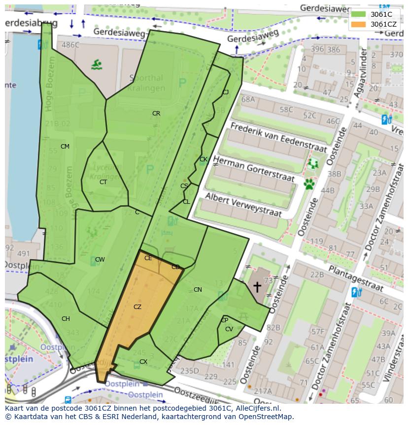Afbeelding van het postcodegebied 3061 CZ op de kaart.