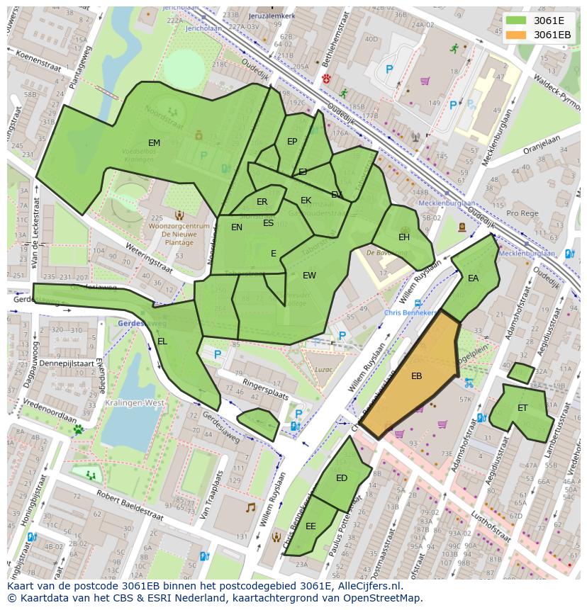 Afbeelding van het postcodegebied 3061 EB op de kaart.