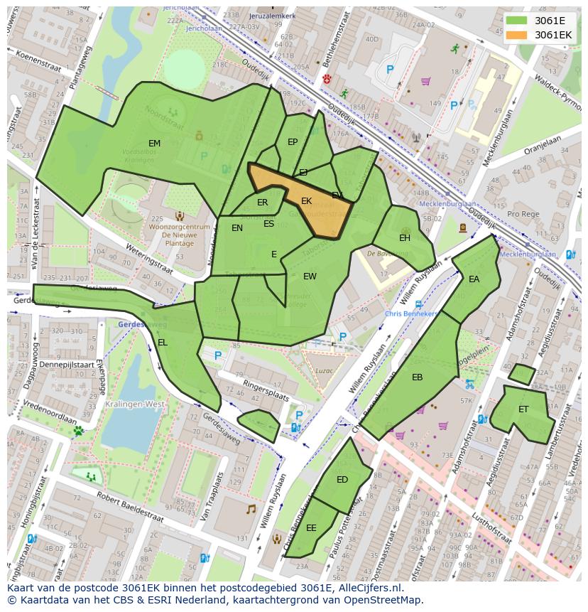 Afbeelding van het postcodegebied 3061 EK op de kaart.