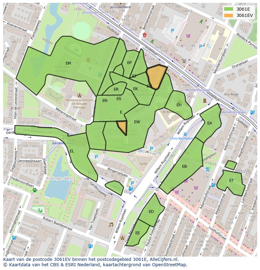 Afbeelding van het postcodegebied 3061 EV op de kaart.