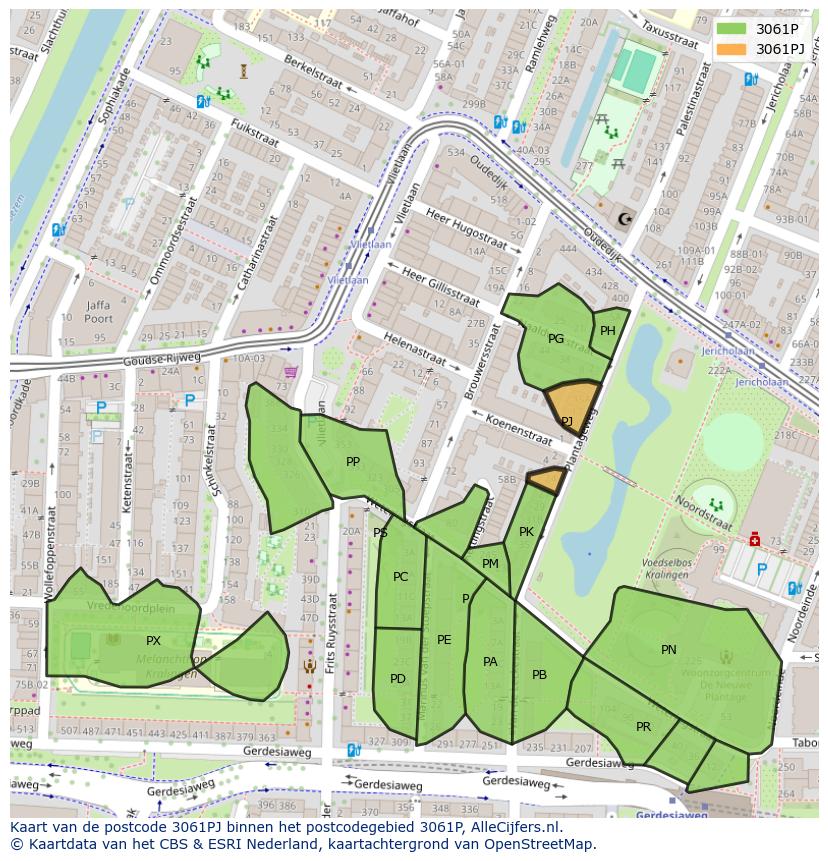 Afbeelding van het postcodegebied 3061 PJ op de kaart.