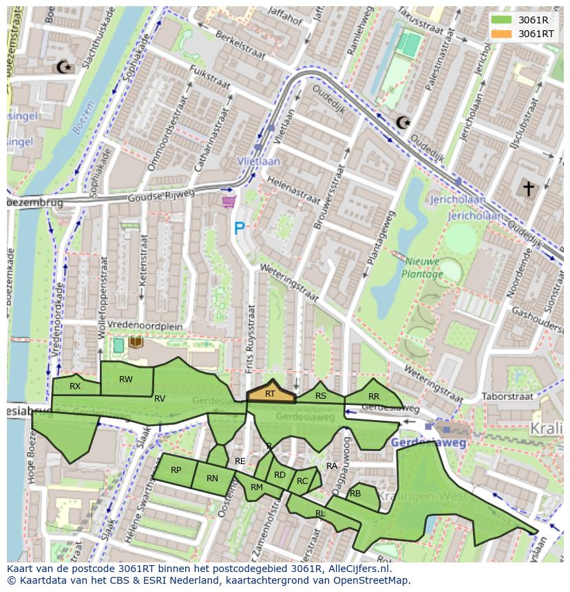 Afbeelding van het postcodegebied 3061 RT op de kaart.