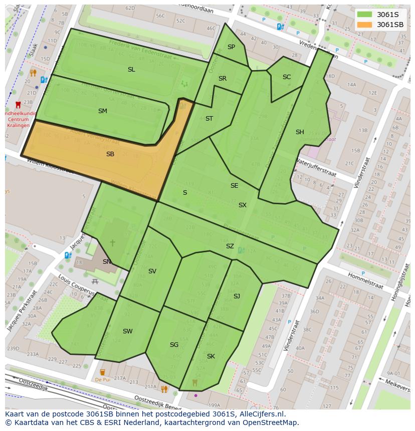Afbeelding van het postcodegebied 3061 SB op de kaart.