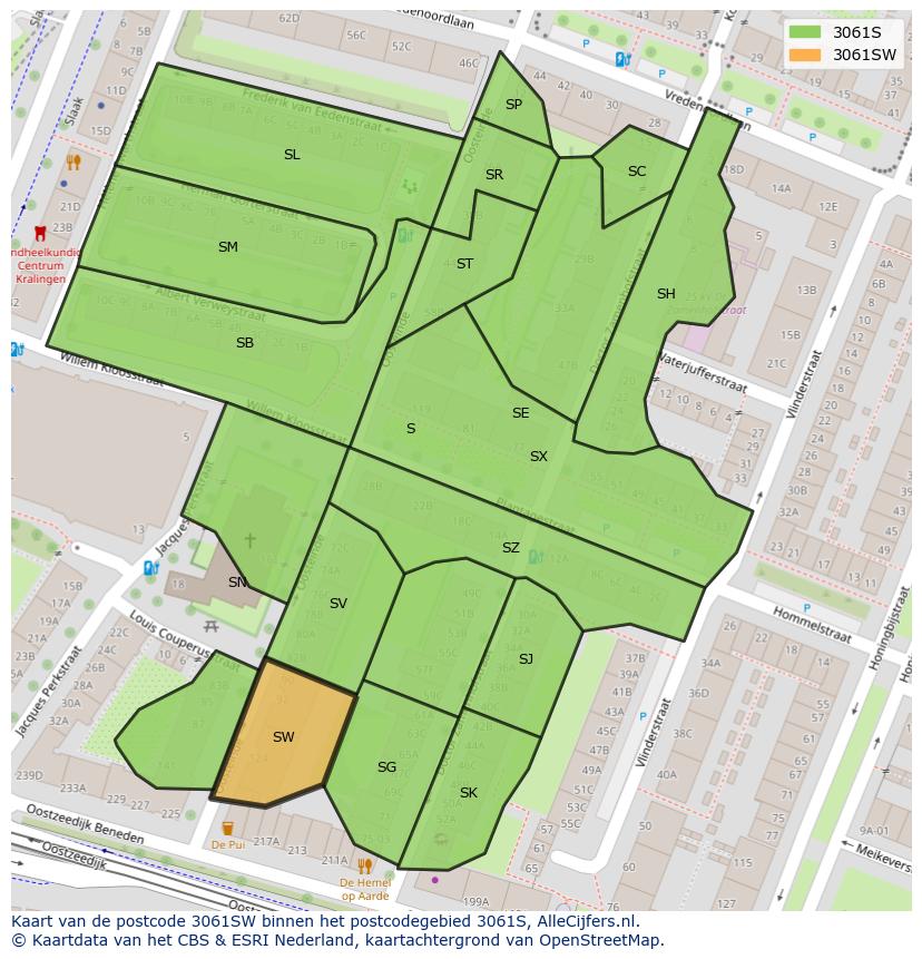 Afbeelding van het postcodegebied 3061 SW op de kaart.