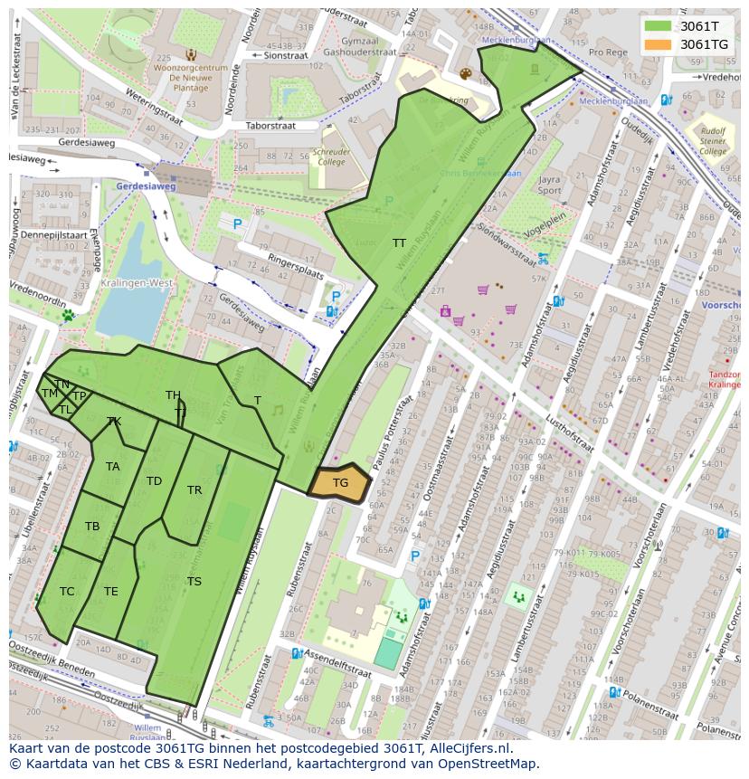Afbeelding van het postcodegebied 3061 TG op de kaart.