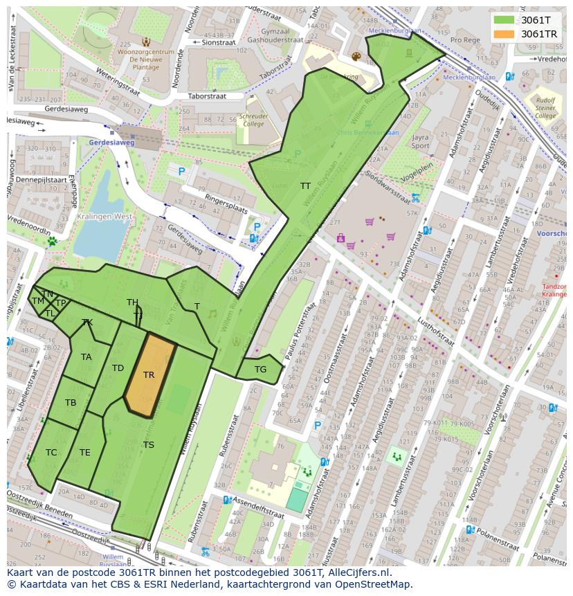 Afbeelding van het postcodegebied 3061 TR op de kaart.