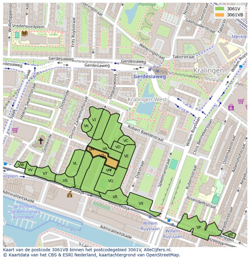 Afbeelding van het postcodegebied 3061 VB op de kaart.