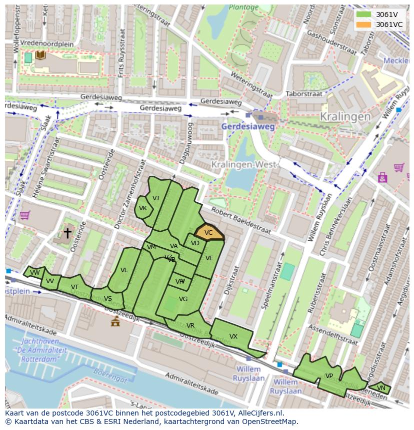 Afbeelding van het postcodegebied 3061 VC op de kaart.