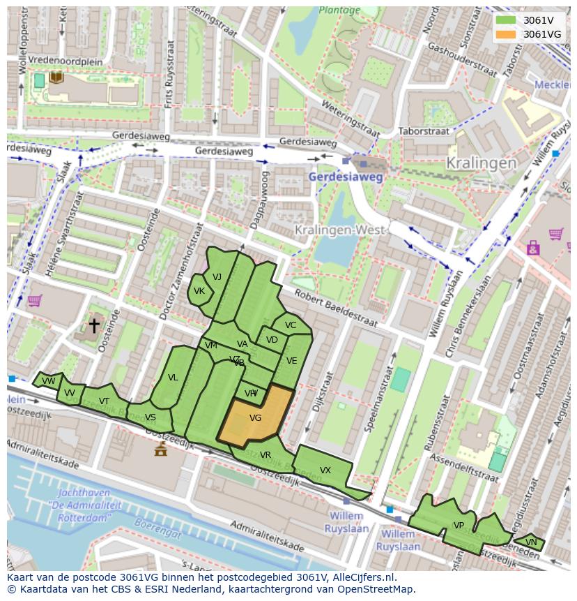 Afbeelding van het postcodegebied 3061 VG op de kaart.