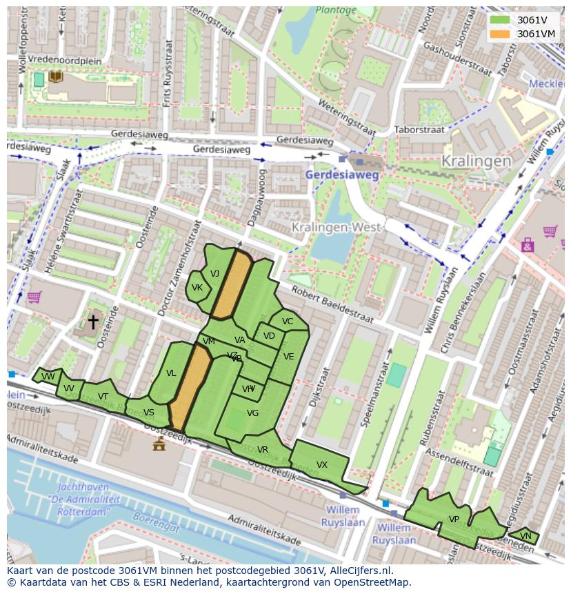 Afbeelding van het postcodegebied 3061 VM op de kaart.