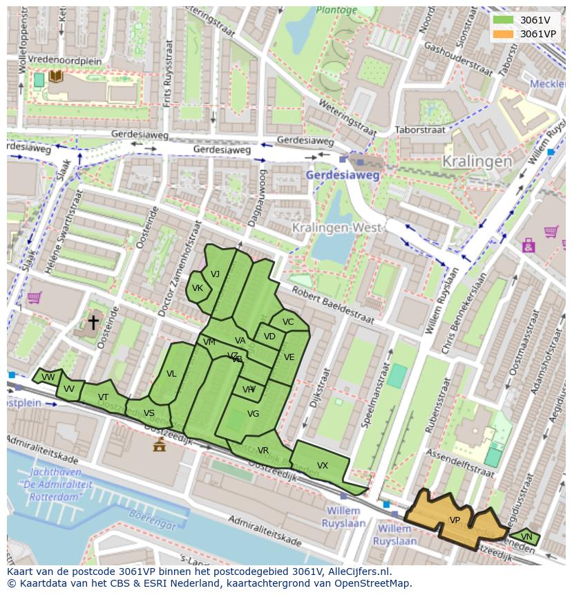 Afbeelding van het postcodegebied 3061 VP op de kaart.
