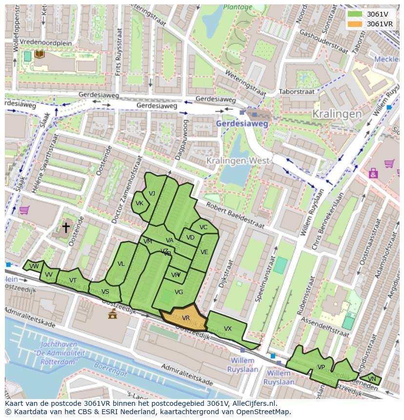 Afbeelding van het postcodegebied 3061 VR op de kaart.