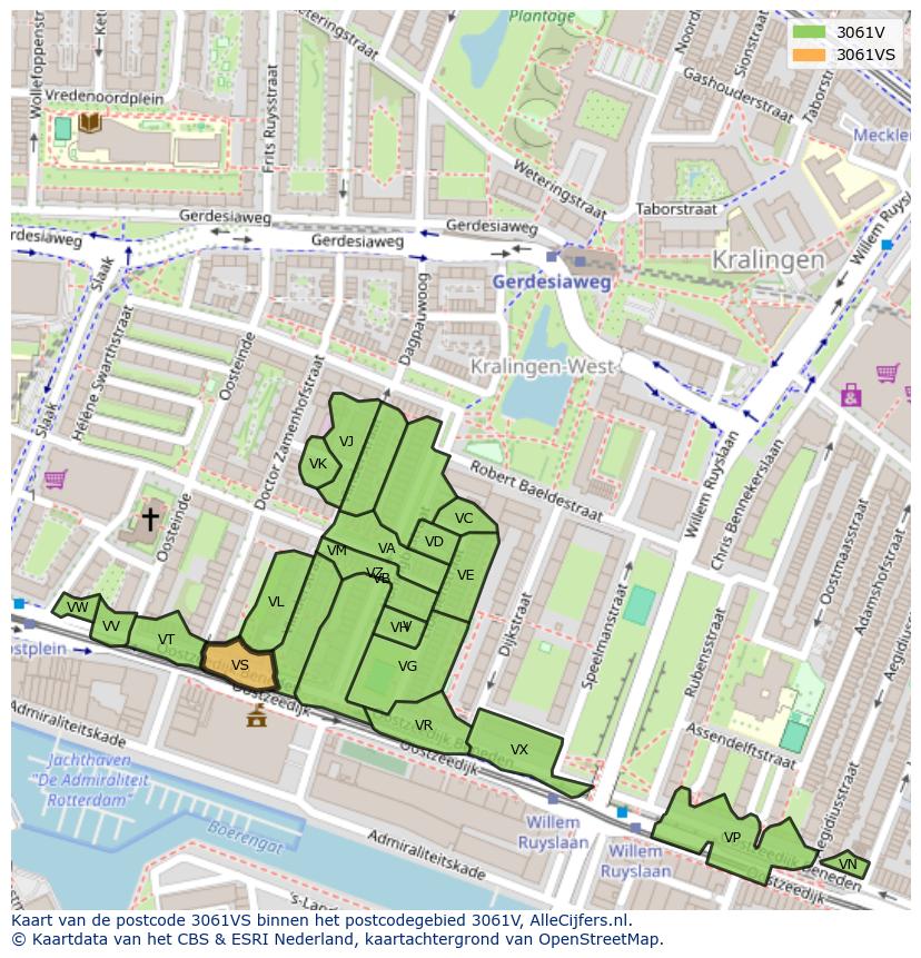 Afbeelding van het postcodegebied 3061 VS op de kaart.