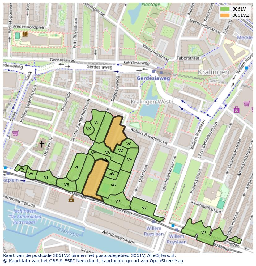 Afbeelding van het postcodegebied 3061 VZ op de kaart.