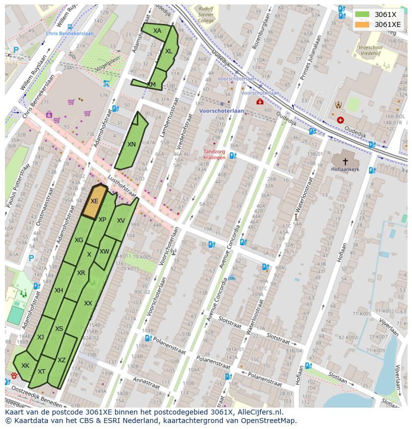 Afbeelding van het postcodegebied 3061 XE op de kaart.