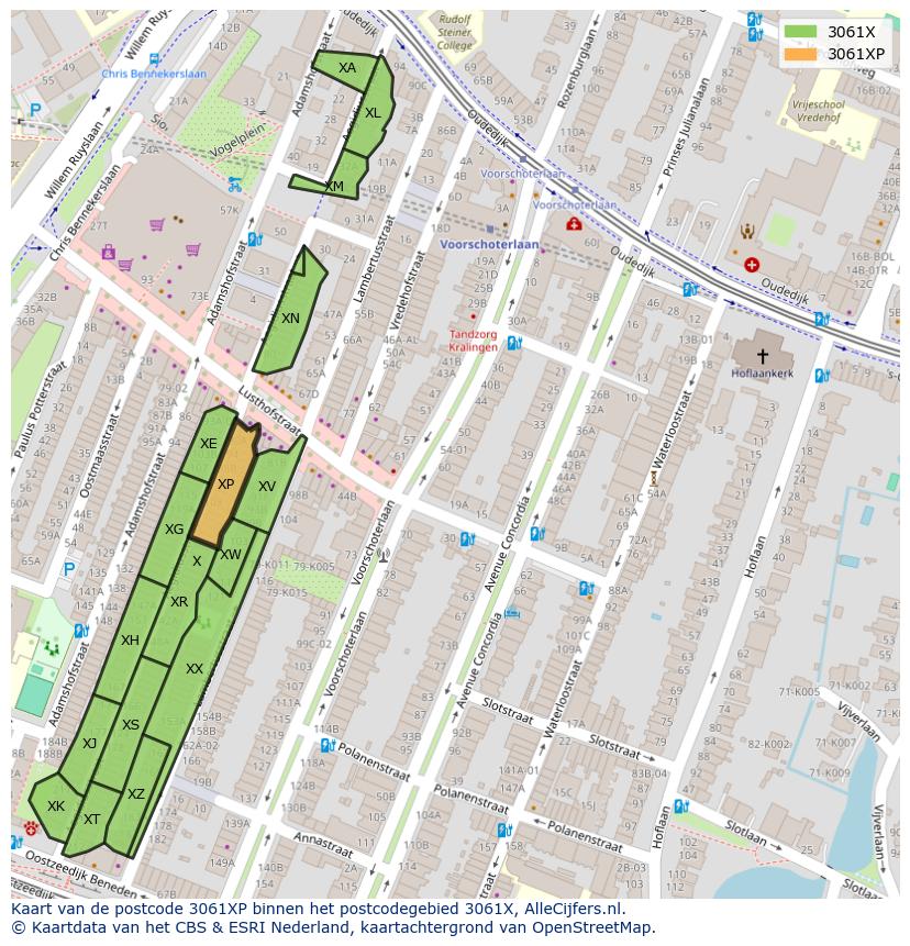 Afbeelding van het postcodegebied 3061 XP op de kaart.