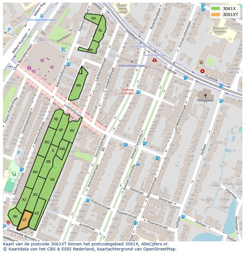 Afbeelding van het postcodegebied 3061 XT op de kaart.