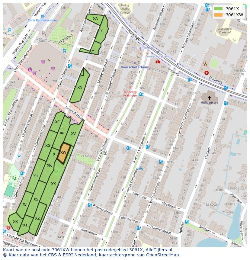 Afbeelding van het postcodegebied 3061 XW op de kaart.