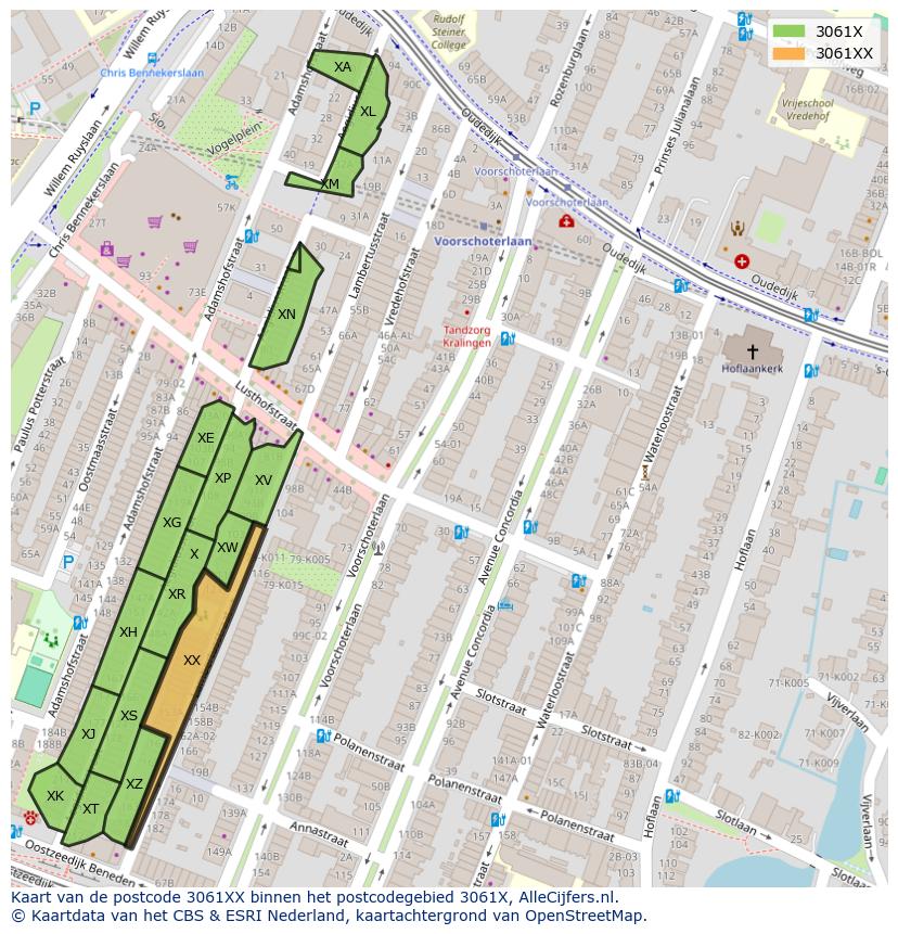 Afbeelding van het postcodegebied 3061 XX op de kaart.