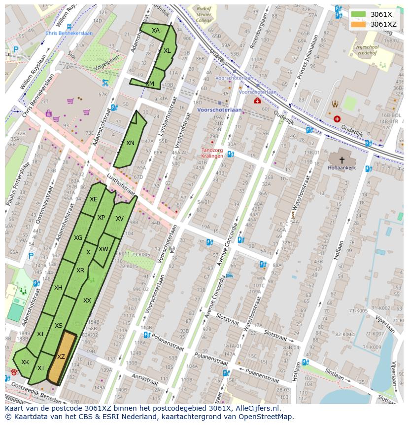 Afbeelding van het postcodegebied 3061 XZ op de kaart.