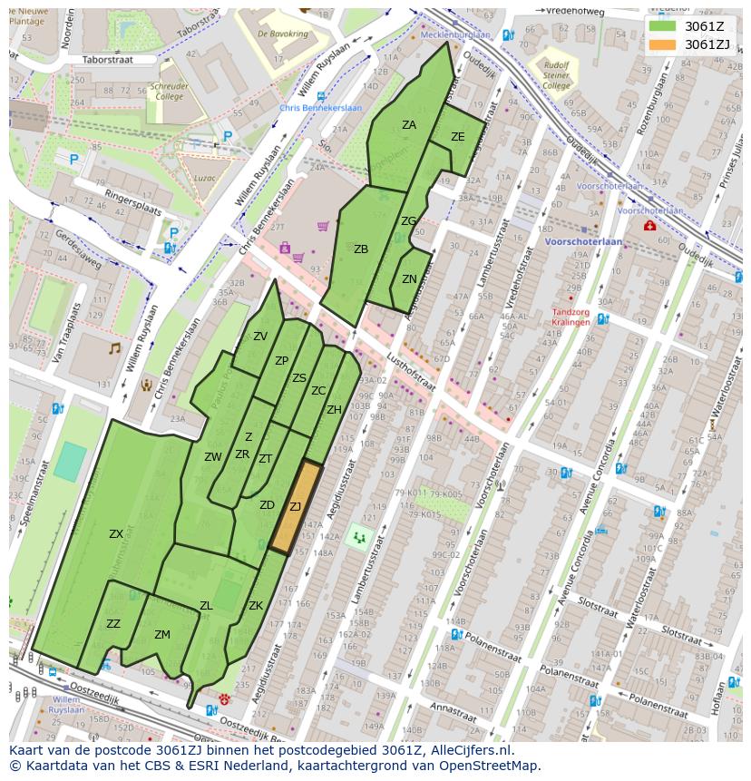 Afbeelding van het postcodegebied 3061 ZJ op de kaart.