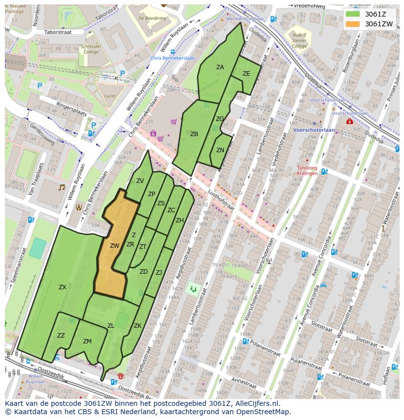 Afbeelding van het postcodegebied 3061 ZW op de kaart.