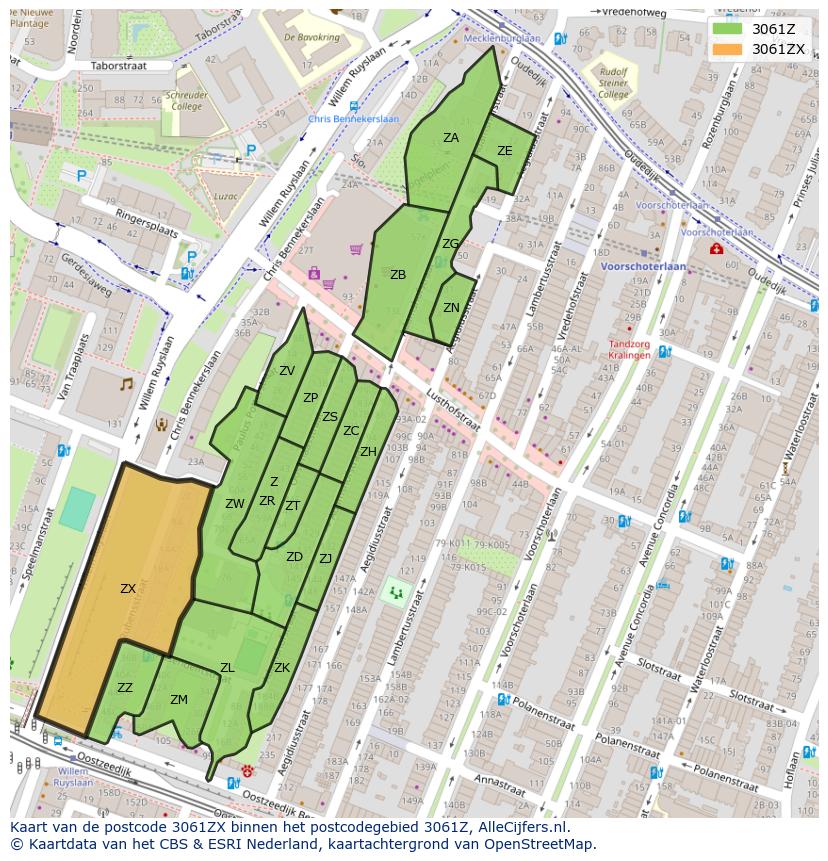 Afbeelding van het postcodegebied 3061 ZX op de kaart.