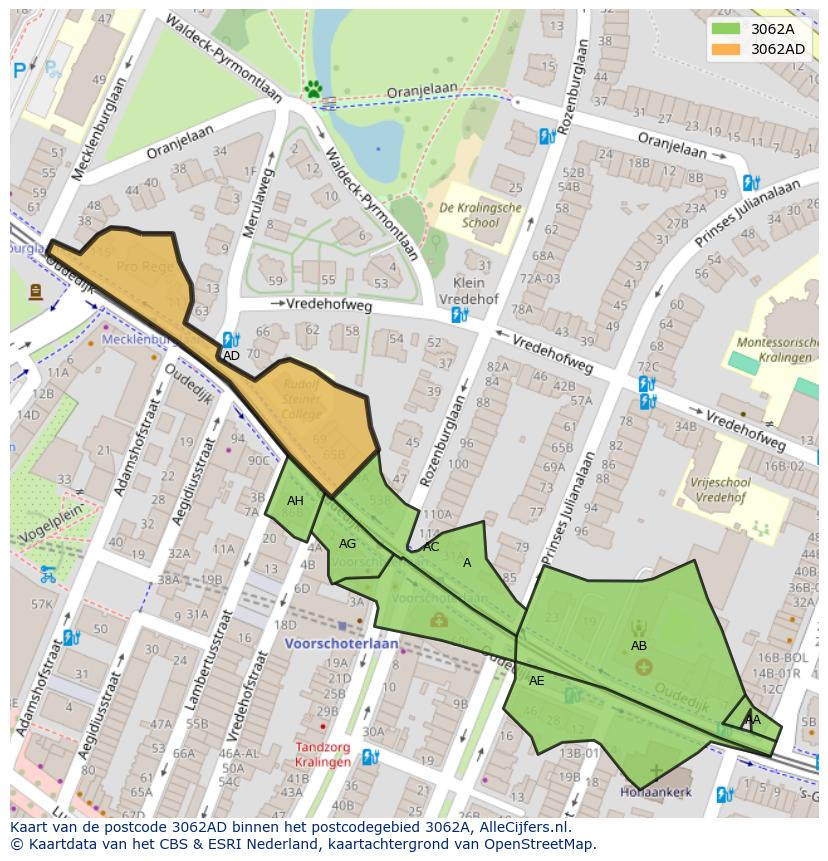Afbeelding van het postcodegebied 3062 AD op de kaart.