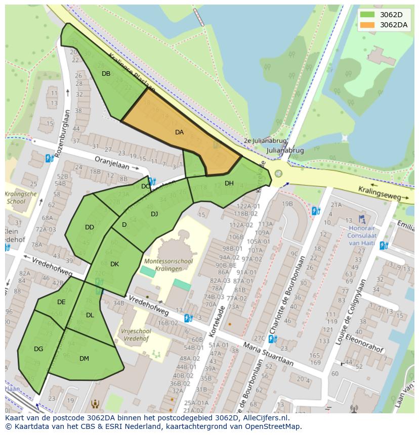 Afbeelding van het postcodegebied 3062 DA op de kaart.