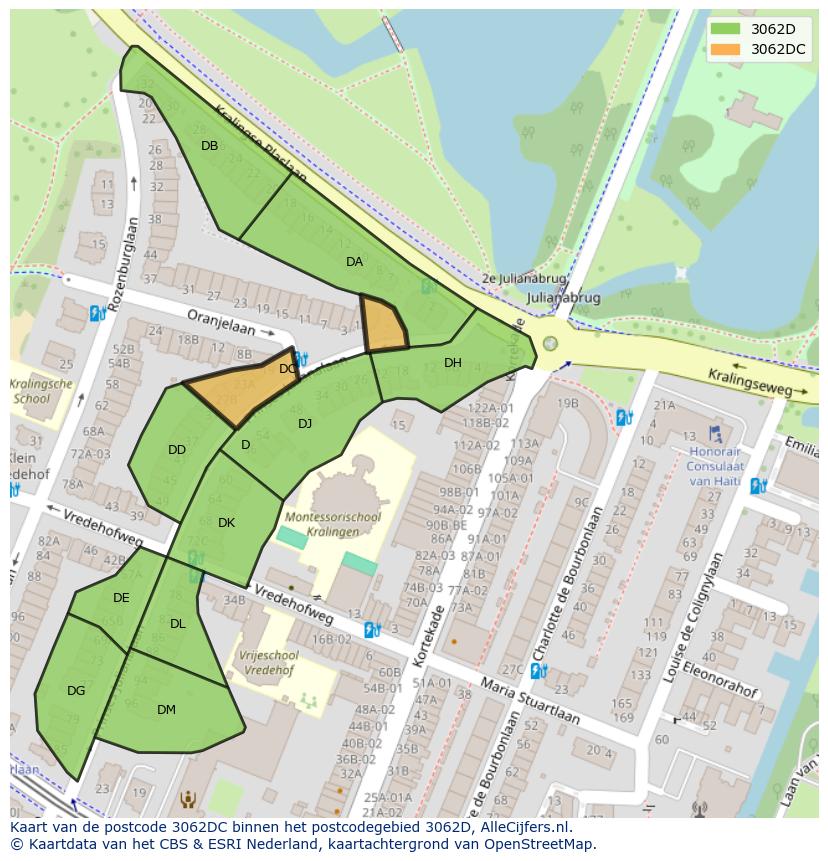 Afbeelding van het postcodegebied 3062 DC op de kaart.