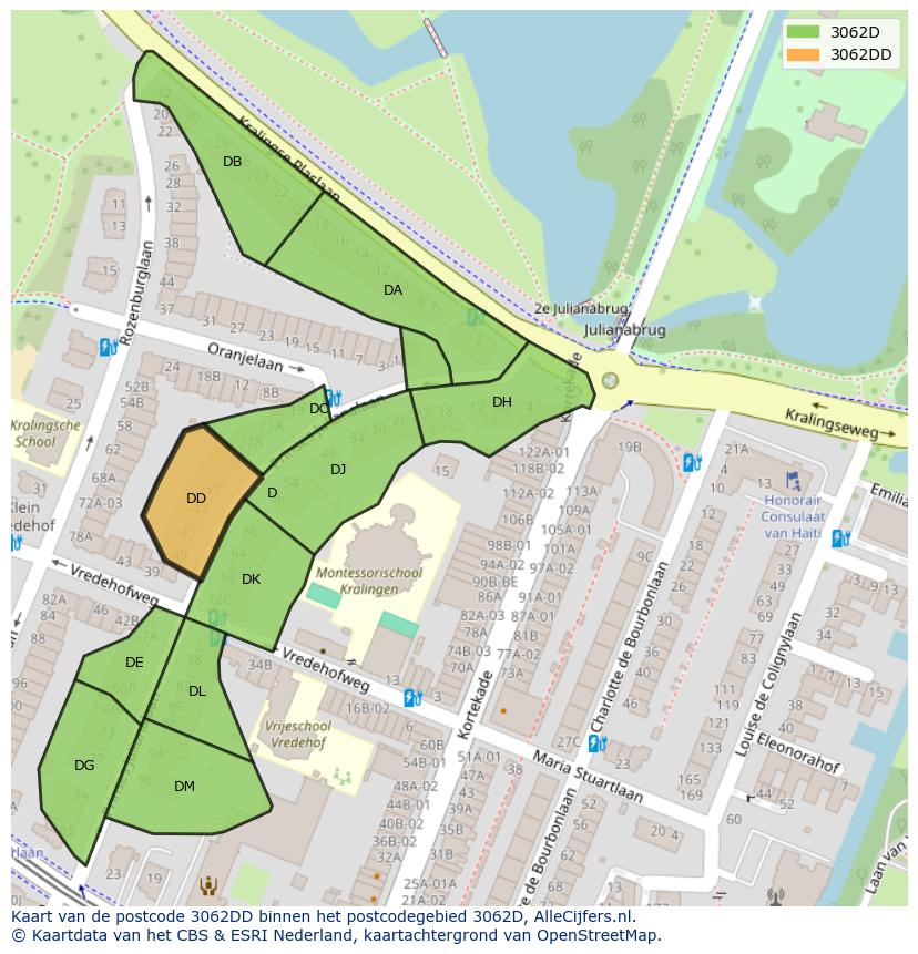 Afbeelding van het postcodegebied 3062 DD op de kaart.