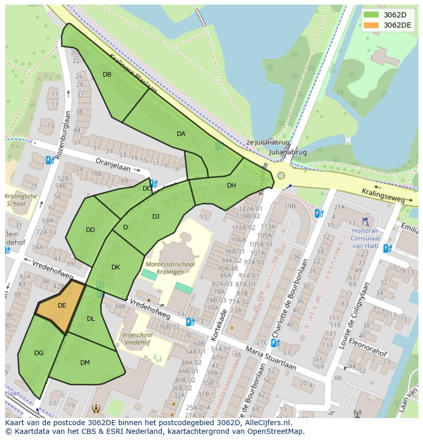 Afbeelding van het postcodegebied 3062 DE op de kaart.