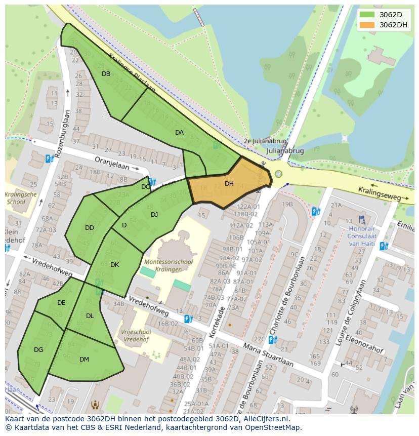 Afbeelding van het postcodegebied 3062 DH op de kaart.