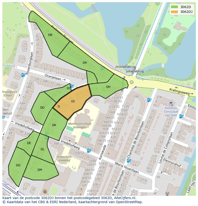 Afbeelding van het postcodegebied 3062 DJ op de kaart.