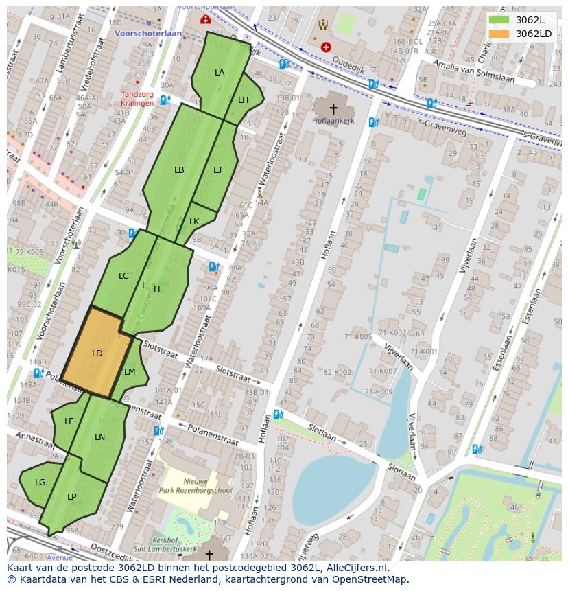 Afbeelding van het postcodegebied 3062 LD op de kaart.
