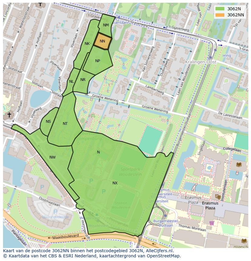 Afbeelding van het postcodegebied 3062 NN op de kaart.