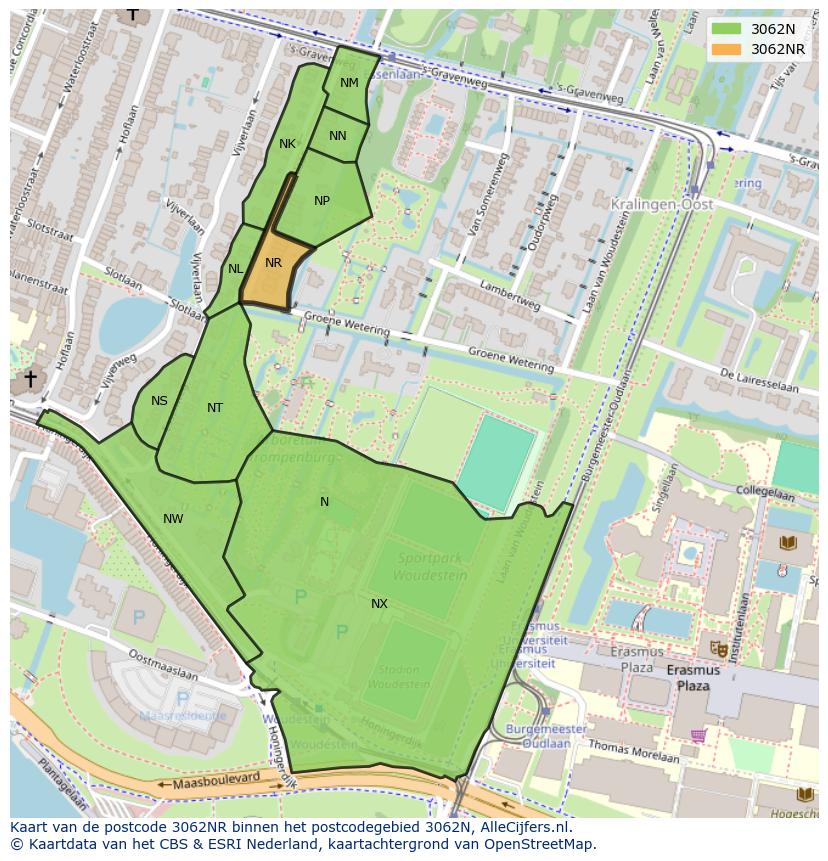 Afbeelding van het postcodegebied 3062 NR op de kaart.