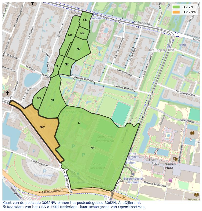 Afbeelding van het postcodegebied 3062 NW op de kaart.