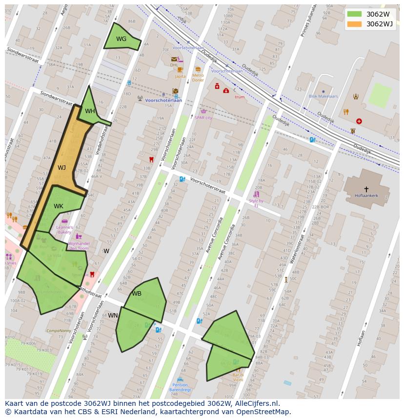 Afbeelding van het postcodegebied 3062 WJ op de kaart.