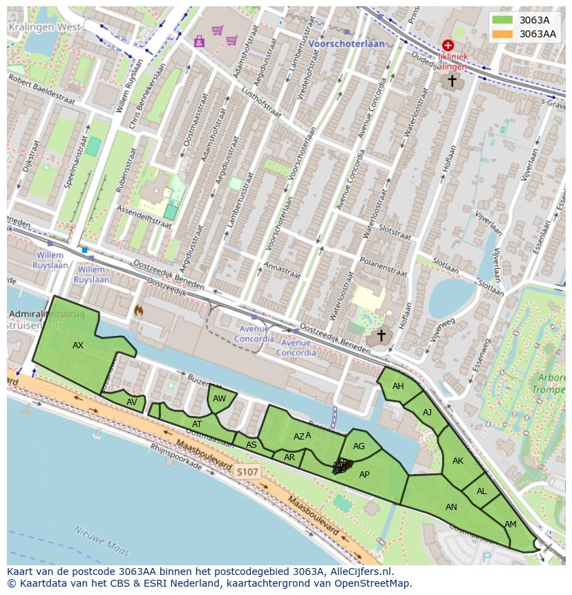 Afbeelding van het postcodegebied 3063 AA op de kaart.